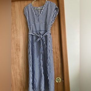 Blue and white striped dress. Medium. Buttons and belt.